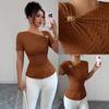 Damen Asymmetrisches Halsband Kurzarm T-Shirt Slim Fit Sexy Metall-Dekor Raffung Lässiges Strickoberteil