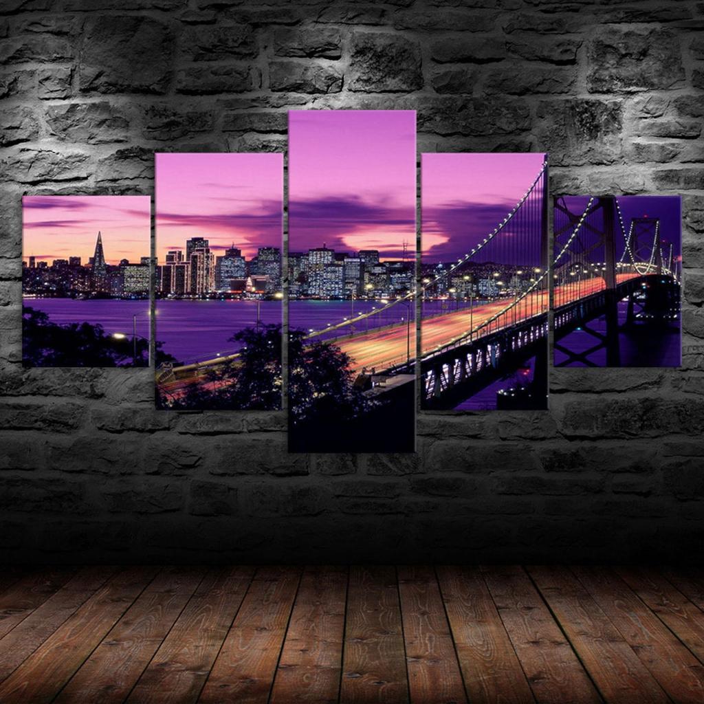 Lila Himmel Sonnenuntergang Golden Gate Bridge San Francisco Leinwand 5-teilig Fünf-Panel Wandbild Modernes Kunstposter Heimdeko Geschenk für Ihn Für Sie