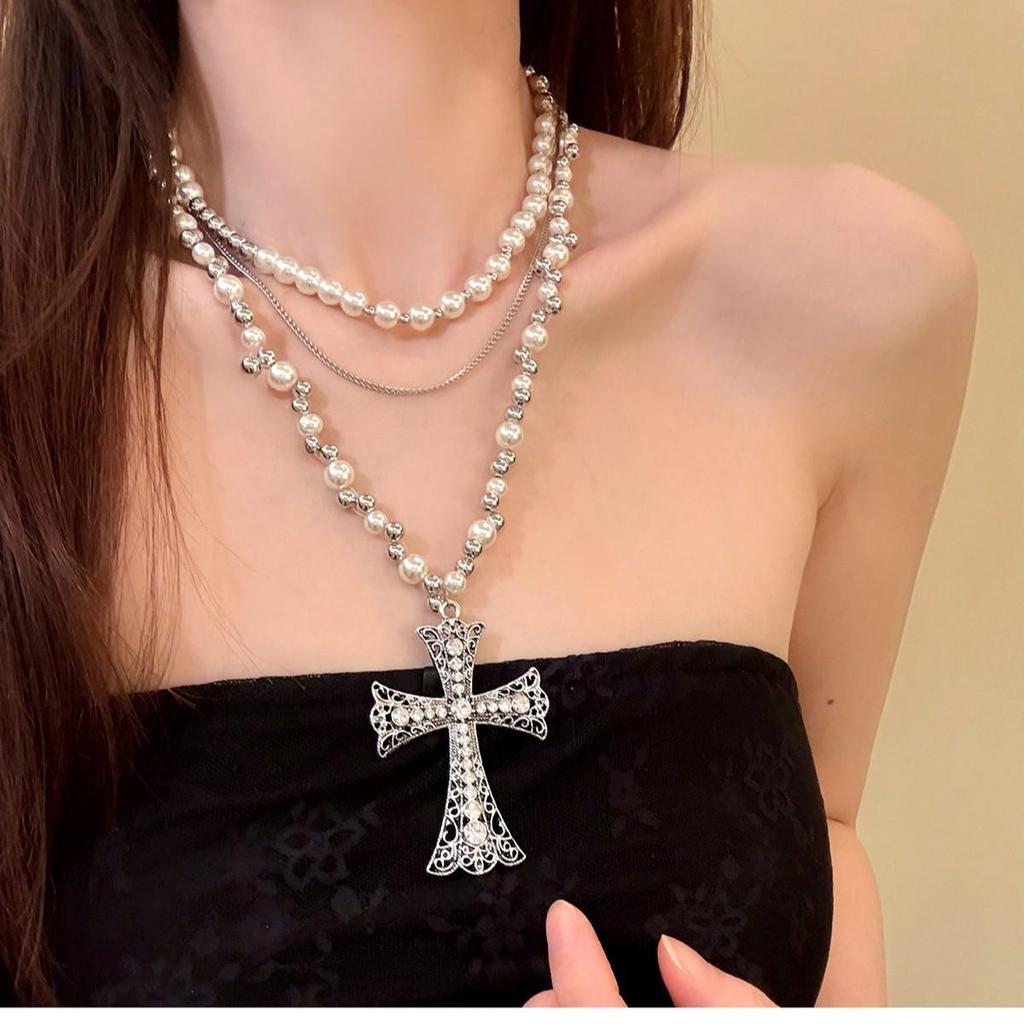 Rhinestone Glass Cross Multi-Layer Pendant Necklace - Elegant Clavicle Chain Trend