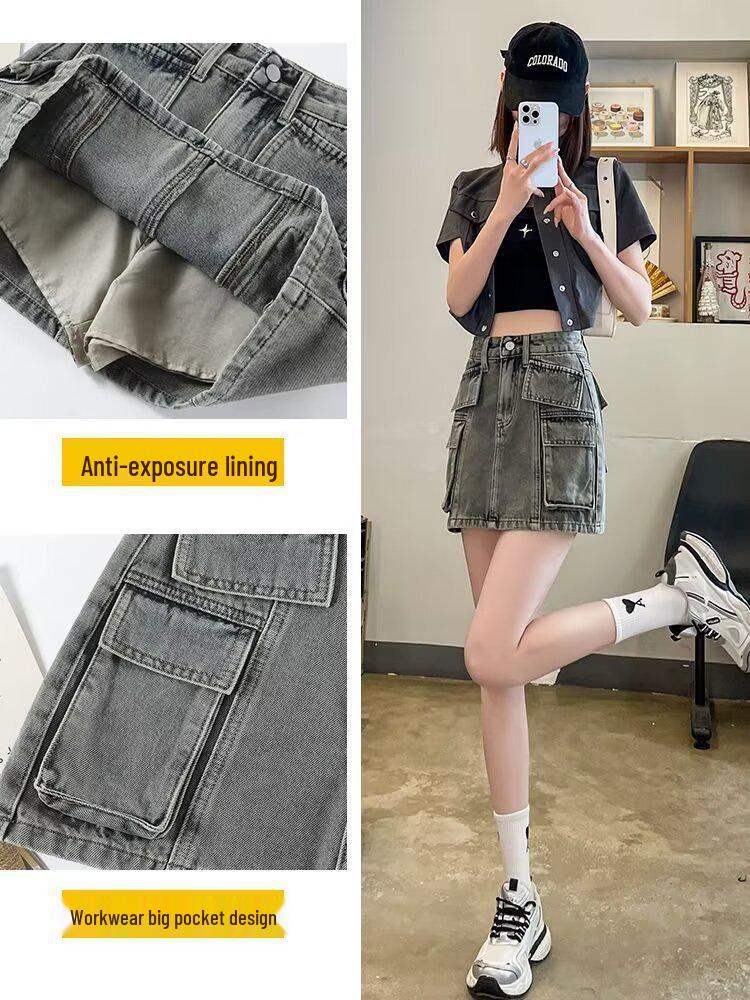 Women's High-Waist Smoke Gray Denim Mini Skirt - Summer 2024 A-line Slim Fit