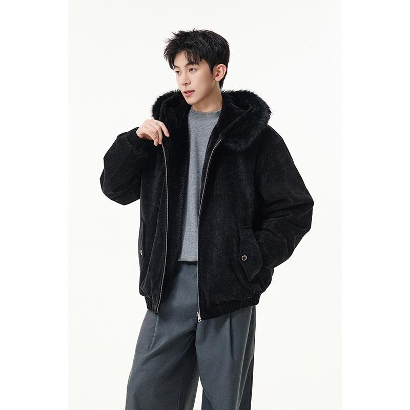 

INTFEDAY Unisex Lambswool Jacket: American Style, Large Fur Collar, Hooded, Double-Sided Winter Cotton Wear L