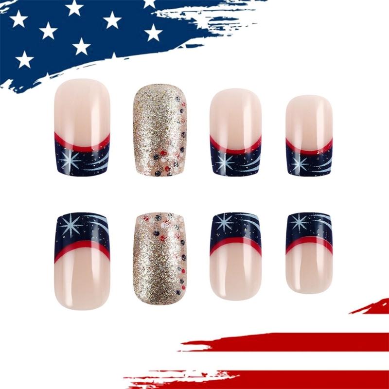 Independence Day Press on Nail Square Star False Nail 4th of July Designs Stick on Nail French Tip Nail Accesories