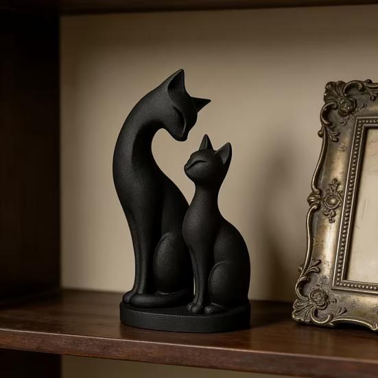 Black Cat Figurine 3D Printed Mother And Kitten Statue Cute Animal Sculpture for Indoor Shelf Desktop Decor Gifts for Cat Lovers