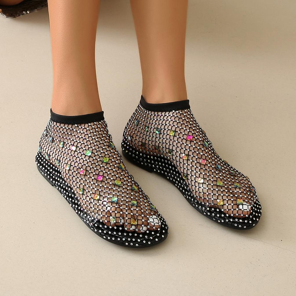 Fashion Low-cut Women's Flat Sandals Summer Mesh Hollow Breathable Outdoor Beach Fashion Rhinestone Decorative Baotou Sandals.