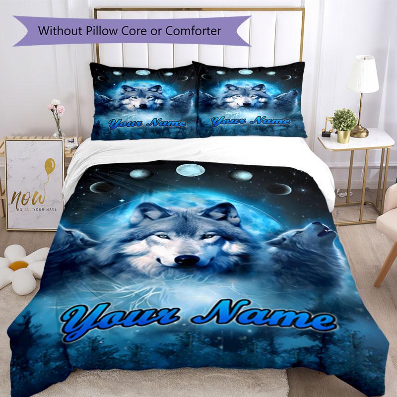 3PC Custom Name Wolf Dreams Blue Bedding Set Duvet Cover Closure Includes 1 Duvet Cover & 2 Pillowcases for Bedroom