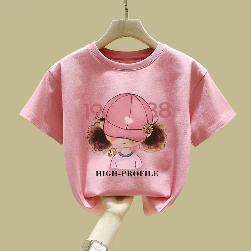 Girls Pink Cotton Short Sleeve T Shirt Summer Big Kids Round Neck Top 90