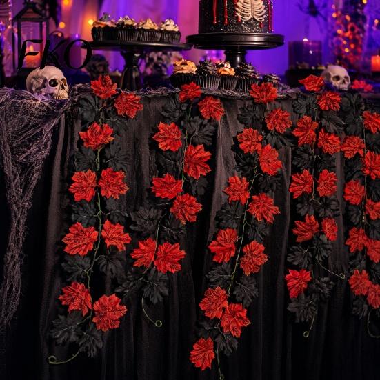 High-density Fabric Leaves Artificial Maple Leaf Garland, Autumn Faux Vine, Black & Red Fall Garland Hanging Vine for Fireplace Front Door
