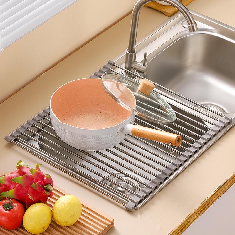 Multi-functional Silicone Roll-up Dish Drying Rack for Bowls, Chopsticks, Fruits, and Vegetables - Stainless Steel Folding Sink Rack for Plates.