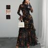 European Floral Print Black Dress with Ruffle Sleeves for Women