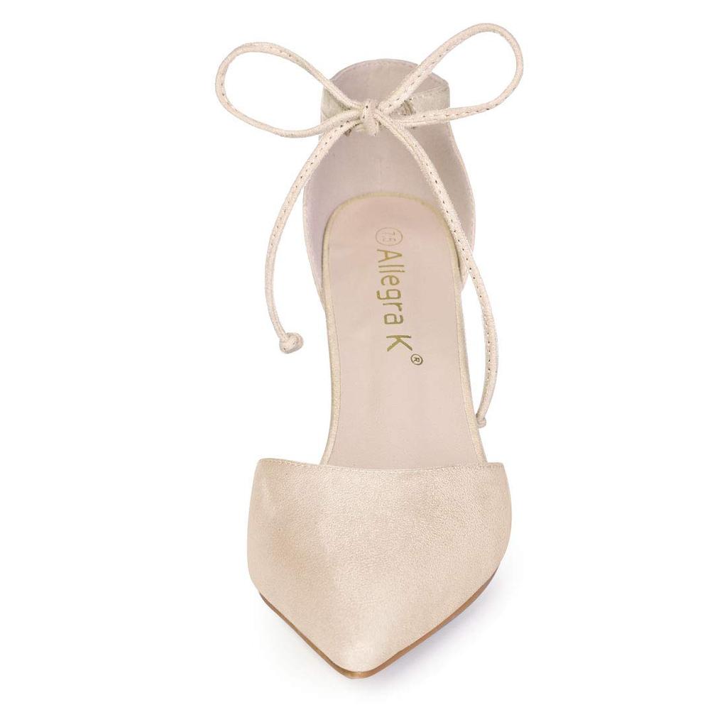 Allegra K Women's Ankle-Tie Chunky Heel Pointed Toe Pumps, Beige, Size 24.5cm