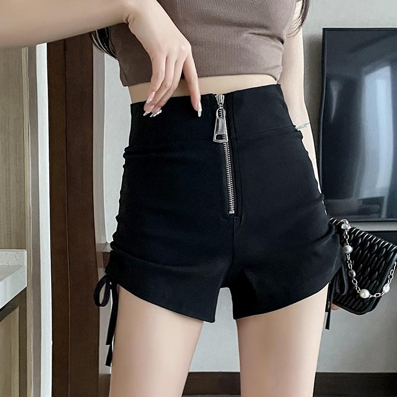 

Черные шорты с высокой талией, плиссированные, на кулиске, для ягодиц - Модный приталенный А-силуэт для лета 2XL [Recommended 66-74 kg]