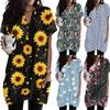 Women V Neck Vintage Floral Print Short Sleeve Pullover Dress with Pockets Casual Loose Fit Tunic Top for Everyday Wear