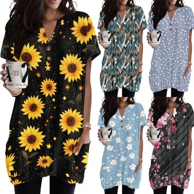 Women V Neck Vintage Floral Print Short Sleeve Pullover Dress with Pockets Casual Loose Fit Tunic Top for Everyday Wear