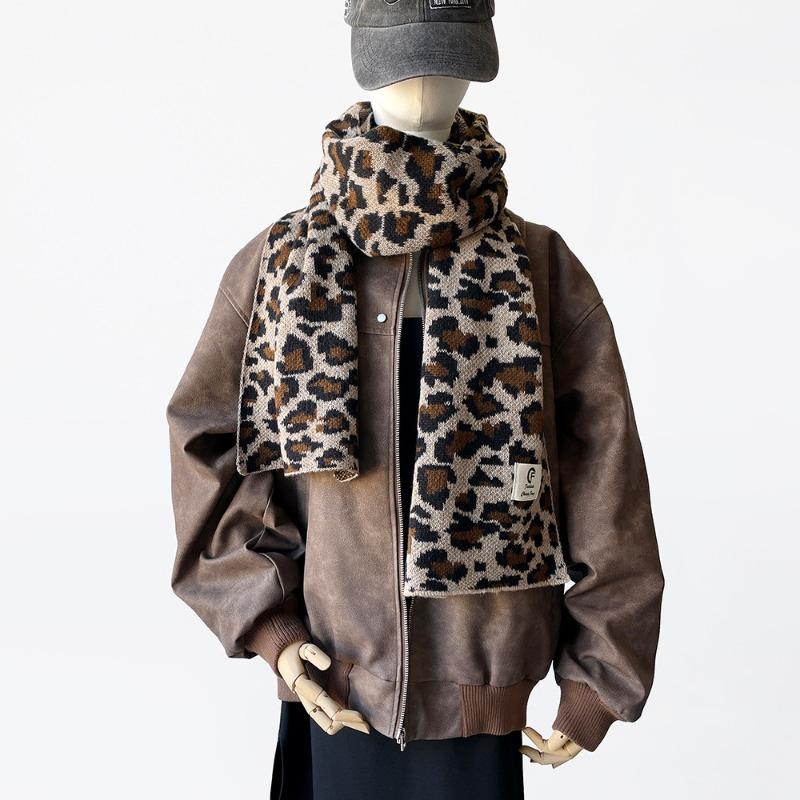 

Niche leopard print knitted wool scarf women s autumn and winter thickened wool blended scarf temperament versatile and warm 160*30cm