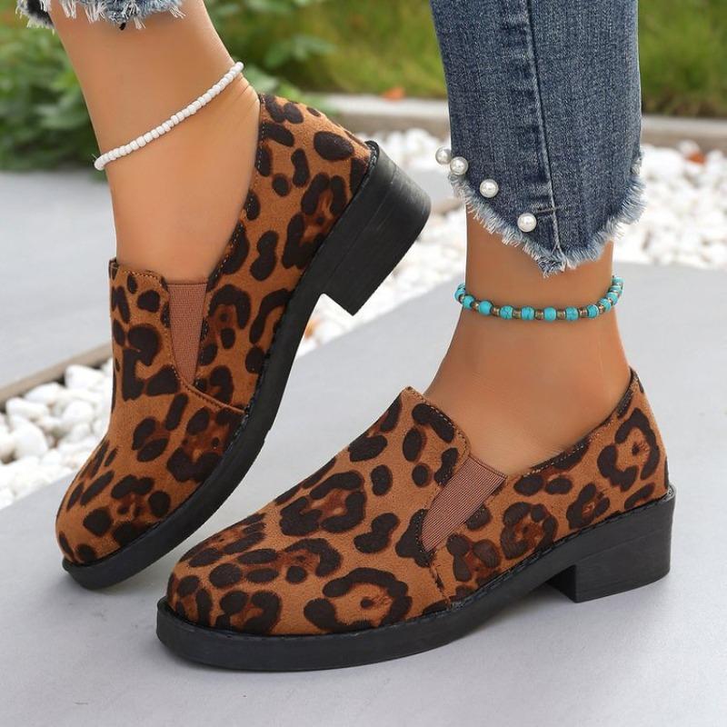 Autumn New Thick Heel Shoes Women's Round Head Deep Mouth Leopard Print Slip-on Comfortable High Heels