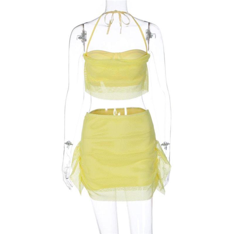 

Модный костюм-комбинация из 2 предметов: сексуальный кроп-топ и мини-юбка для женщин Yellow S