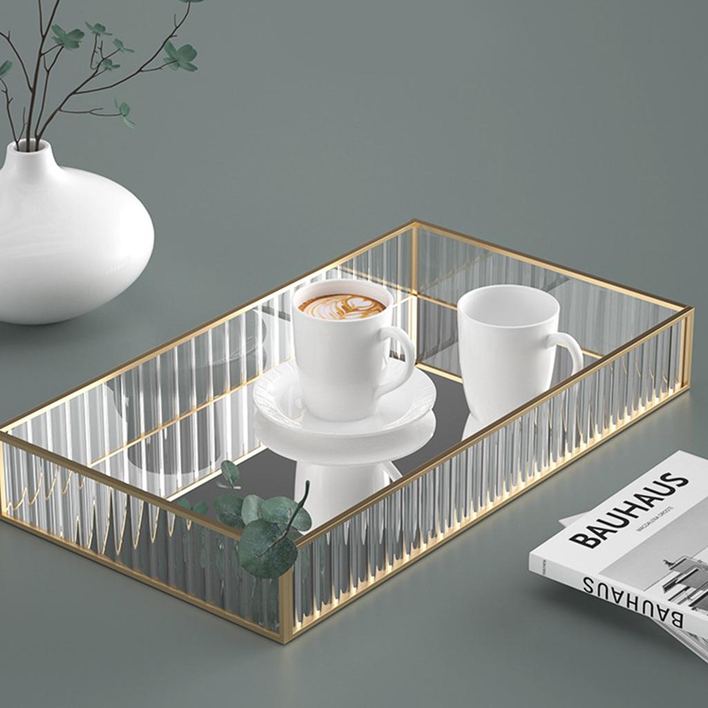 Glas-Aufbewahrungsbox für Schmuck Make-up Rechteckig Kommode Goldgestreiftes Tablett für Zuhause Schlafzimmer Studentenwohnheim