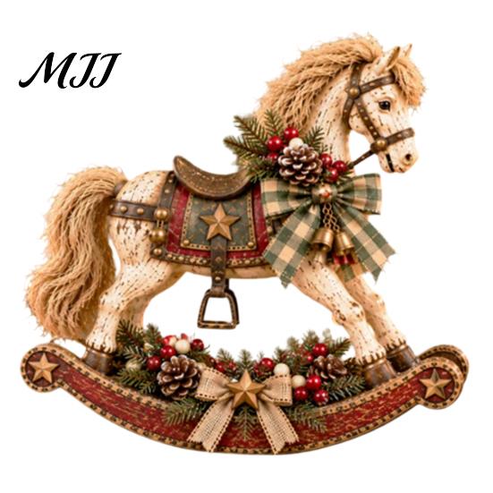 Resin Horse Figurine for Christmas Retro Rocking Ornament with Pine Cones Berries Holiday Tabletop Rustic Ornaments Home Decoration, Vintage Farmhouse