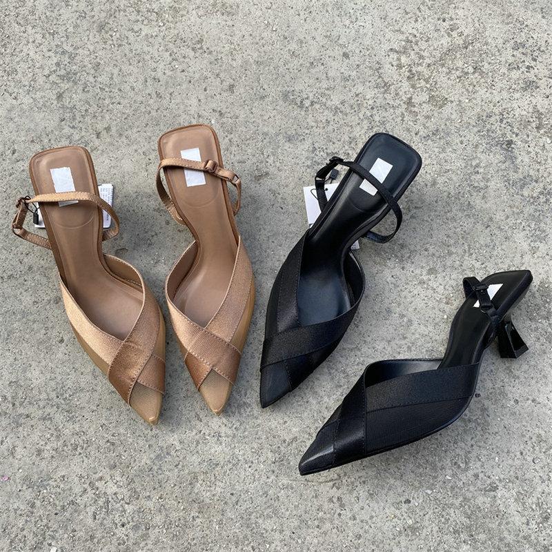 Fashion Trendy Brand 2025 French Pointed-Toe Style Cross-Mesh Thin Heel High Heels With Elastic Backheel Straps For Women'S Sandals