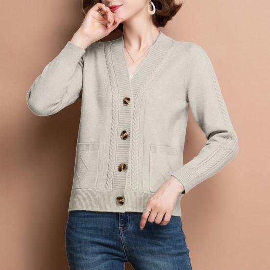 Women Knitted Cardigan Spring Autumn V Neck Button Closure Long Sleeves Solid Color Middle Age Ladies Coat Top Streetwear