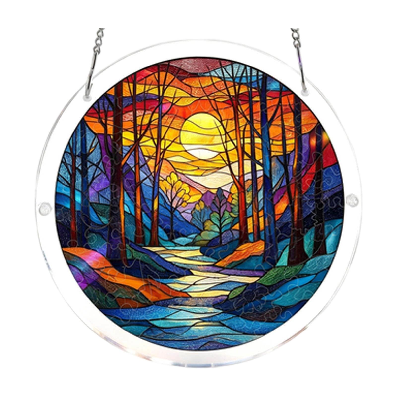 

Round Stained Glass Window Hanging Panel 15cm Diameter Tree Design Decorative Suncatcher with Metal Chain for Indoor Window Decoration One Size