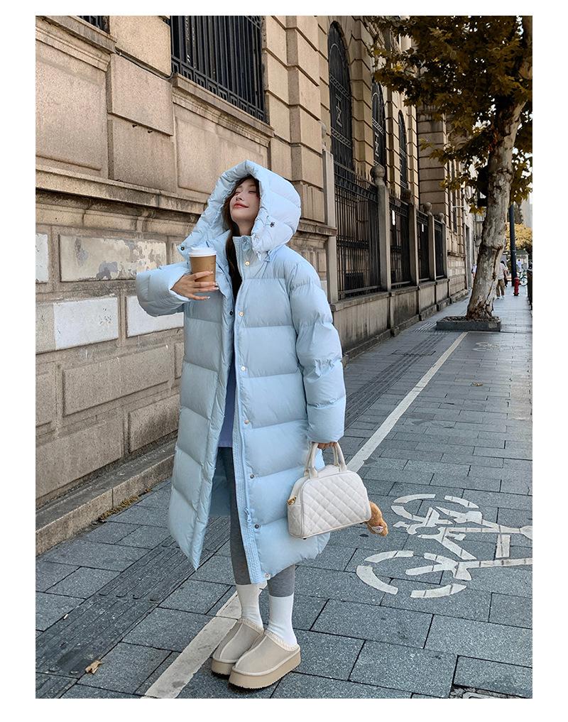 Damska Zimowa Długa Kurtka Puchowa - Za Kolano, Z Kapturem, Gruba, Ultra Ciepła, 95% Białego Puchu Kaczkowego (400g)
