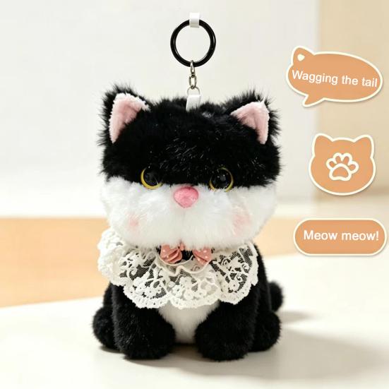 Portable Hanging Plush Pendant Interactive Cat Keychain, Wagging Tail & Meowing Kitten Soft Plushie with Sound Metal Clip, Cute Bag Charm, Comfort
