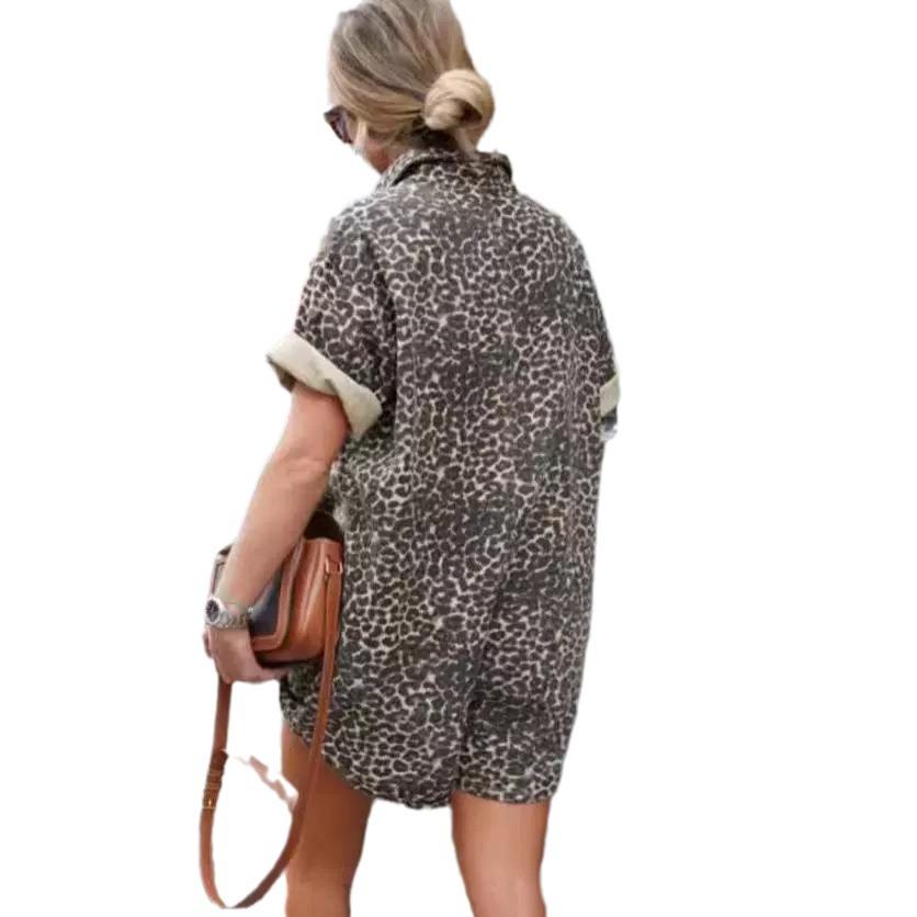 Printed Holiday Lapel Shirt and Shorts Jumpsuit for Women