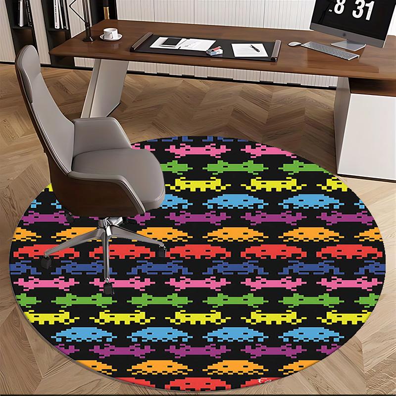 Space Invaders Pattern,Retro Video Game Design Chair mat Round Rug Office carpet, Machine Washable, Non slip, Suitable for Living Rooms, Bedrooms