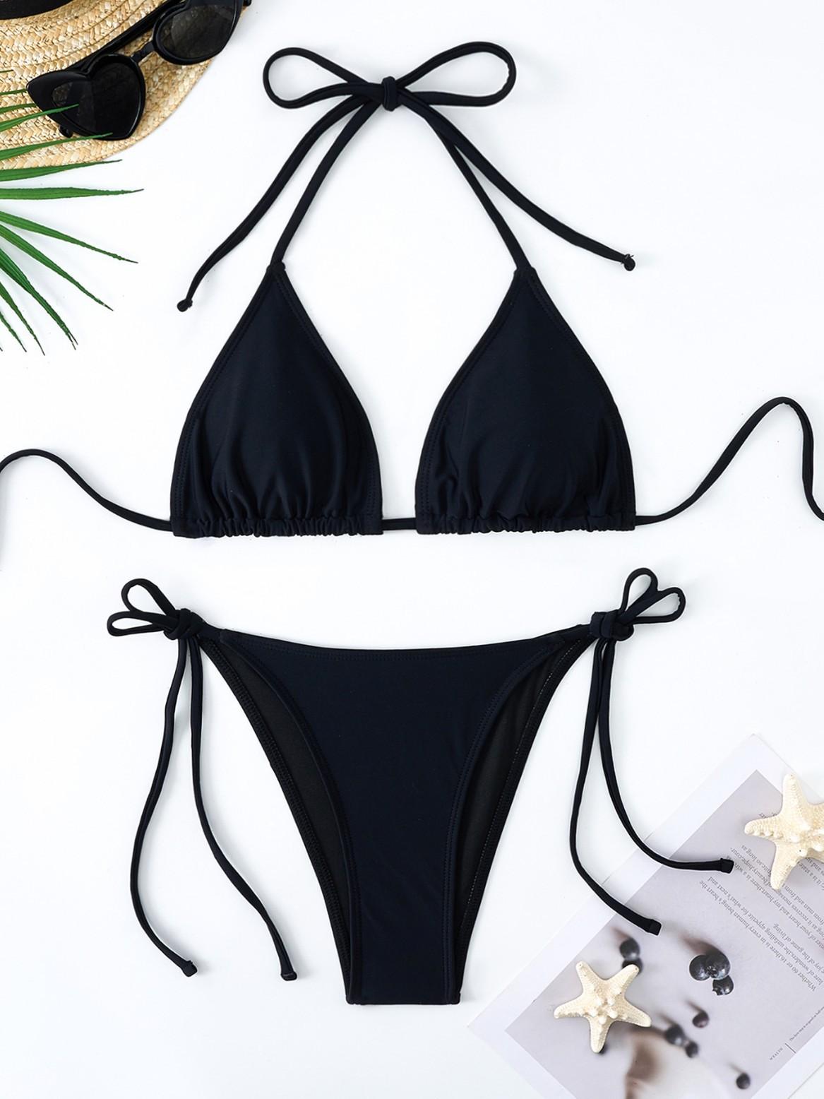 

Однотонная треугольная сумка бикини купальник на шнуровке сексуальный высокоэластичный купальник женский съемная вставка в грудь быстросохнущий и дышащий XS чёрный