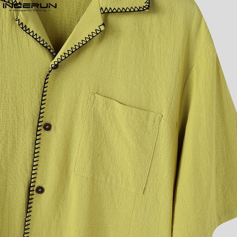 INCERUN Cămăși de vară pentru bărbați cu mânecă scurtă, cusături casual, vintage, din bumbac