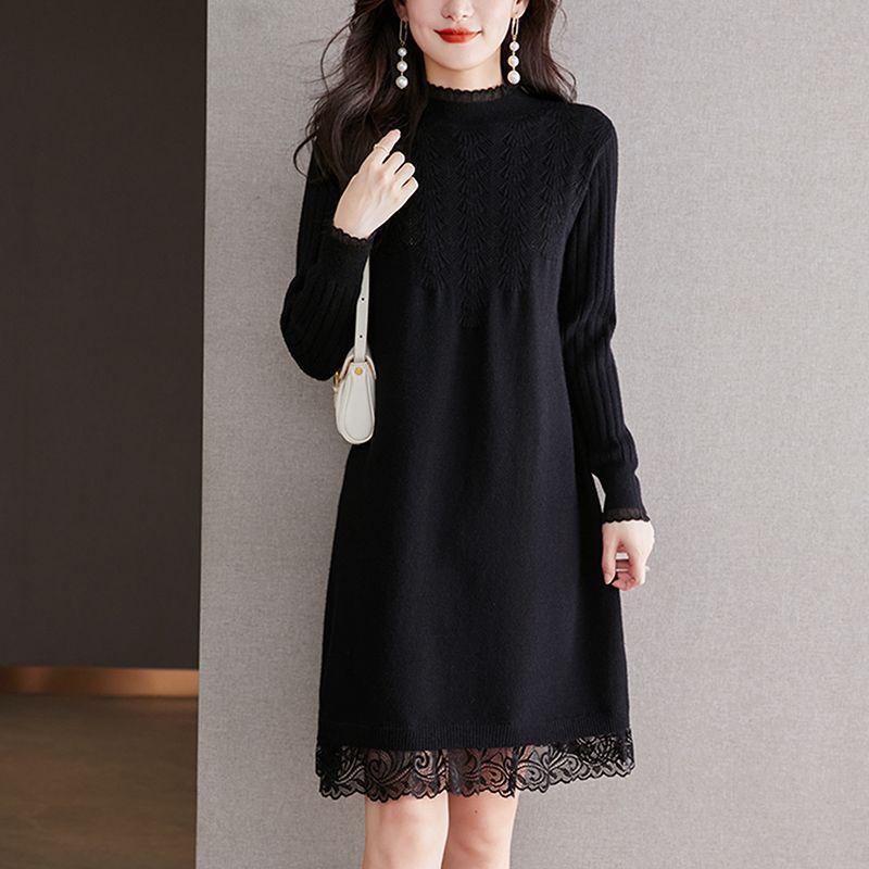 Bottom shirt medium and long sweater skirt autumn and winter clothing women's inner lace 2025 new thin knitted dress loose
