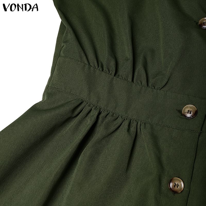 VONDA Womens Casual Lapel Collar Button Down Half Sleeve Office Style A Line Midi Shirt Dress