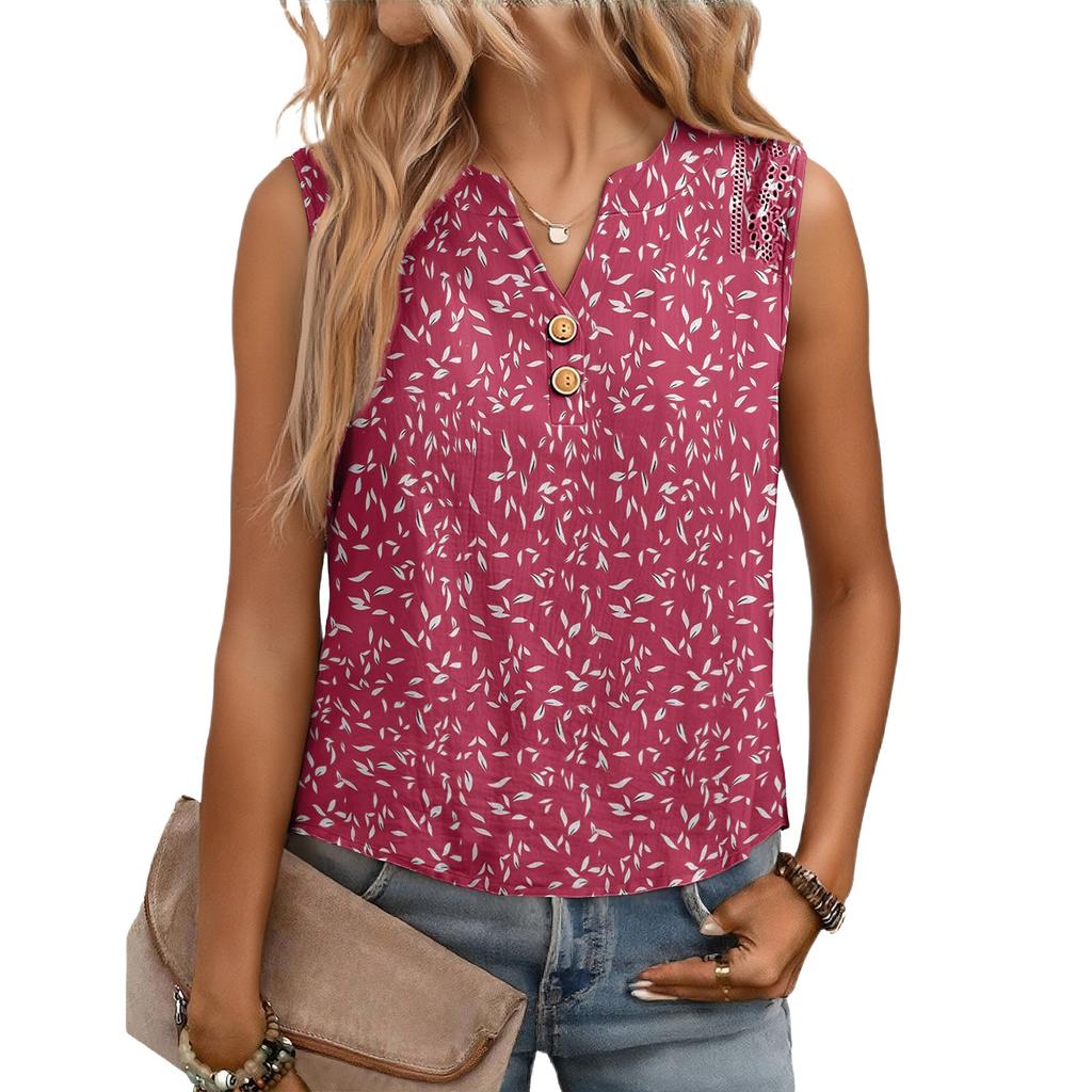 Women's Casual, Loose-Fitting, Printed, Sleeveless Linen Blouse
