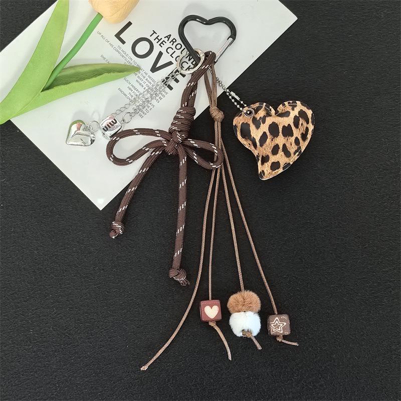 Leopard Print Heart Leather Bow Knot Keychain and Phone Pendant