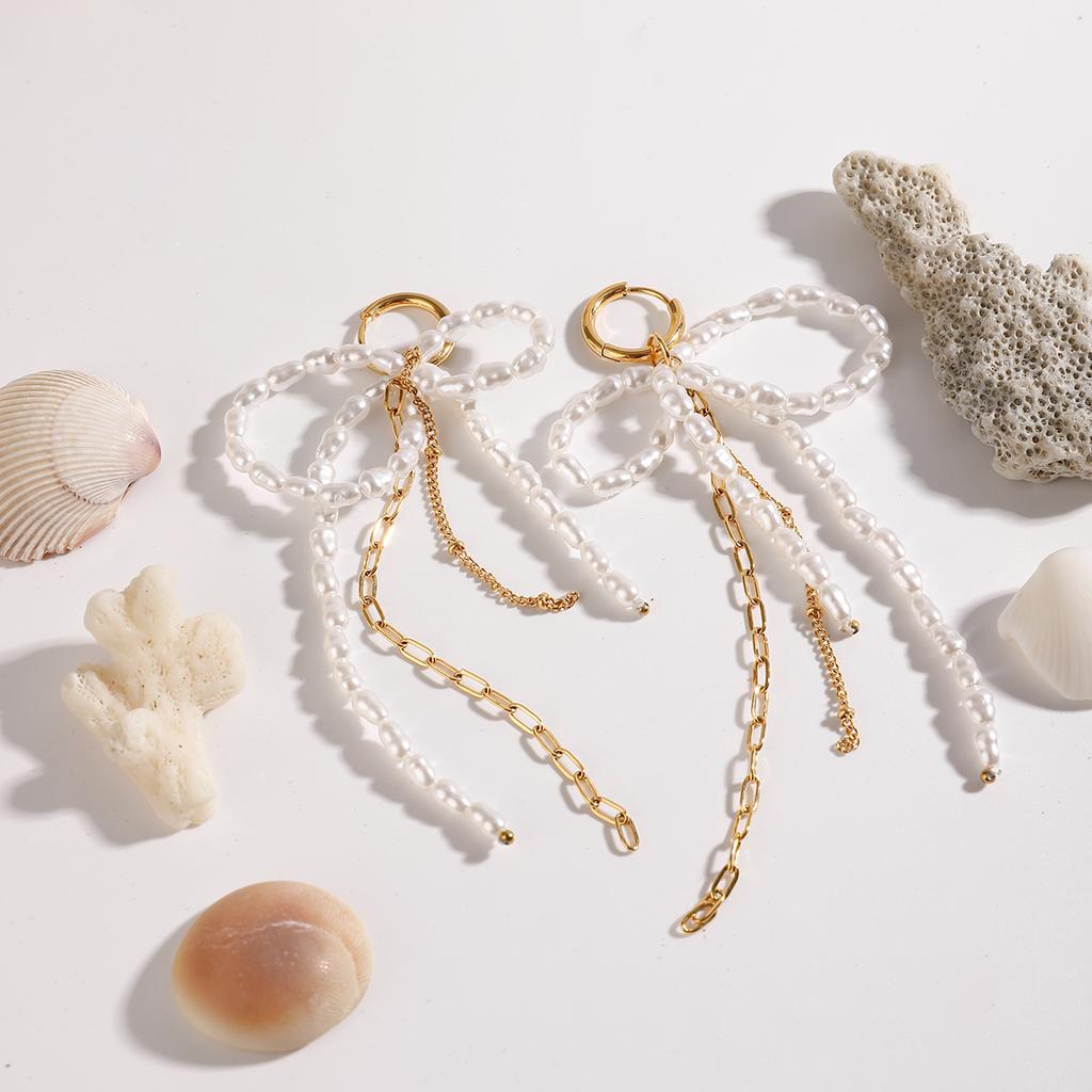 Youthway Elegant Versatile Gold Plated Stainless Steel Imitation Pearl Bow Tassel Earrings Anti Allergic Women Chic Jewelry