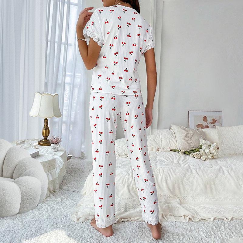 European & American Style Women's Pajama Set: Sexy V-Neck Lace Cherry Print T-Shirt with Slim-Fit Long Pants - Autumn/Winter Collection