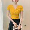 Women's Slimming Cross V-Neck Short Sleeve Cropped T-Shirt - Black Summer Outerwear