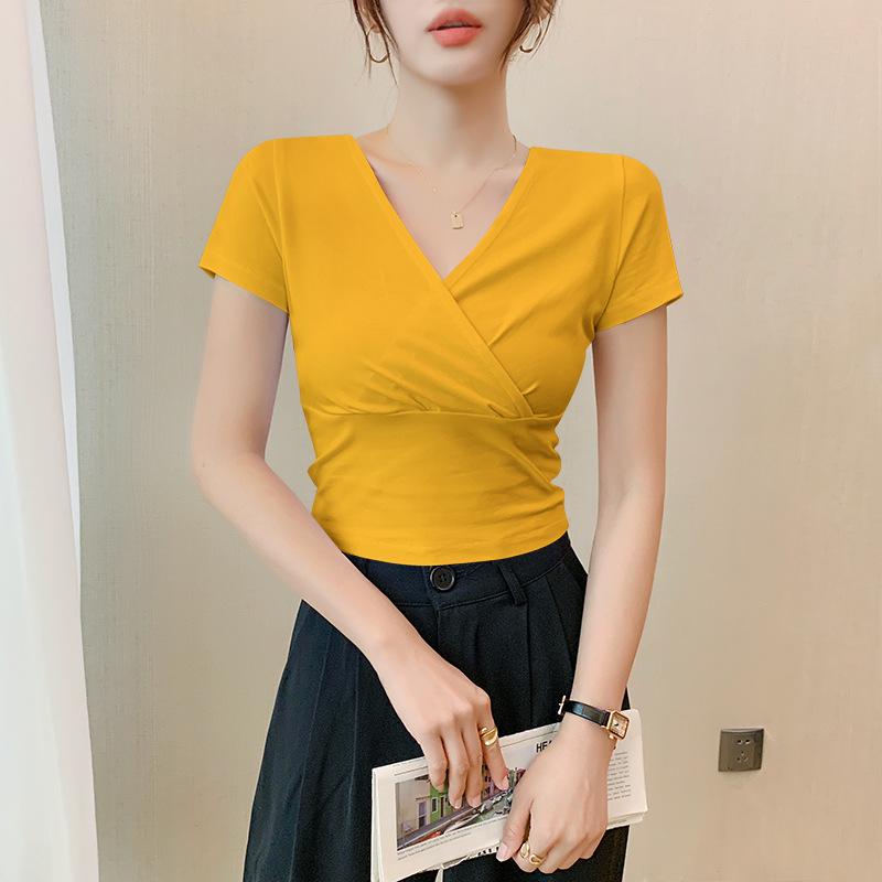 Women's Slimming Cross V-Neck Short Sleeve Cropped T-Shirt - Black Summer Outerwear