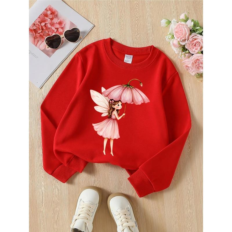 Felpa girocollo da bambina - Fata con ombrello a fiore Rosa Lavabile in lavatrice, Primavera e Autunno, Abbigliamento sportivo e casual