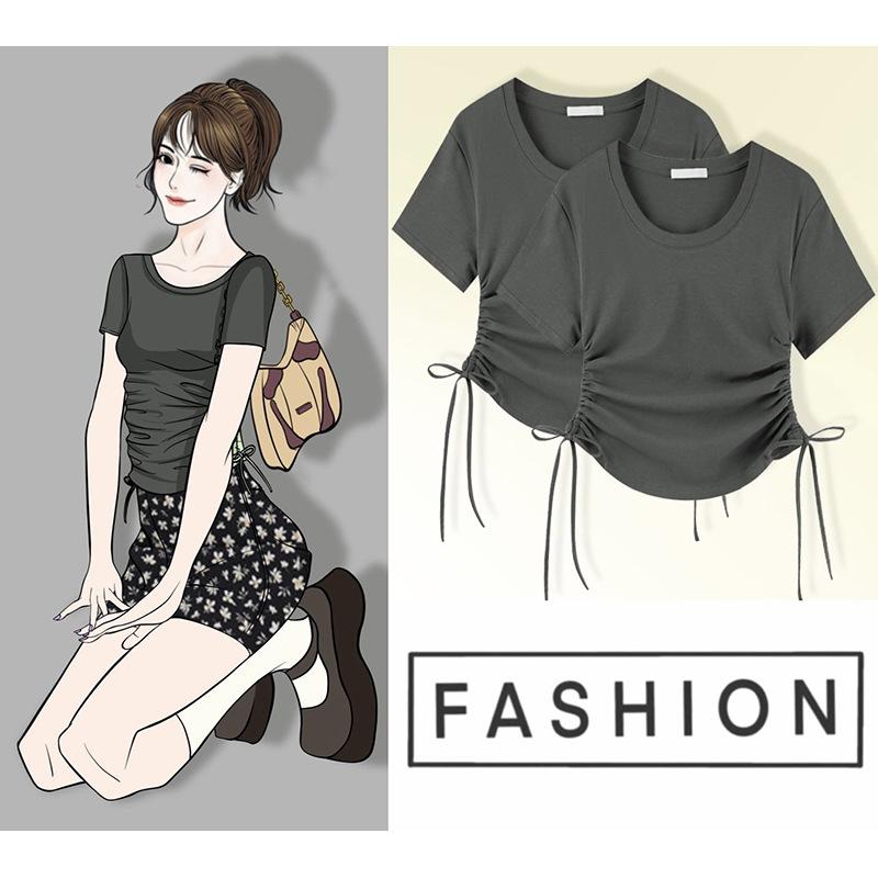 

Женский летний дизайн с короткими рукавами на плечах, короткий рукав Niche Hot Girl Slim и нерегулярный топ с завязками XL серый