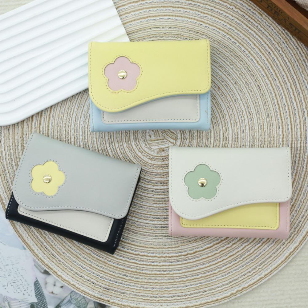Flower Short Folding Card Bag PU Trifold Wallet Cute Color-matching Purse Travel