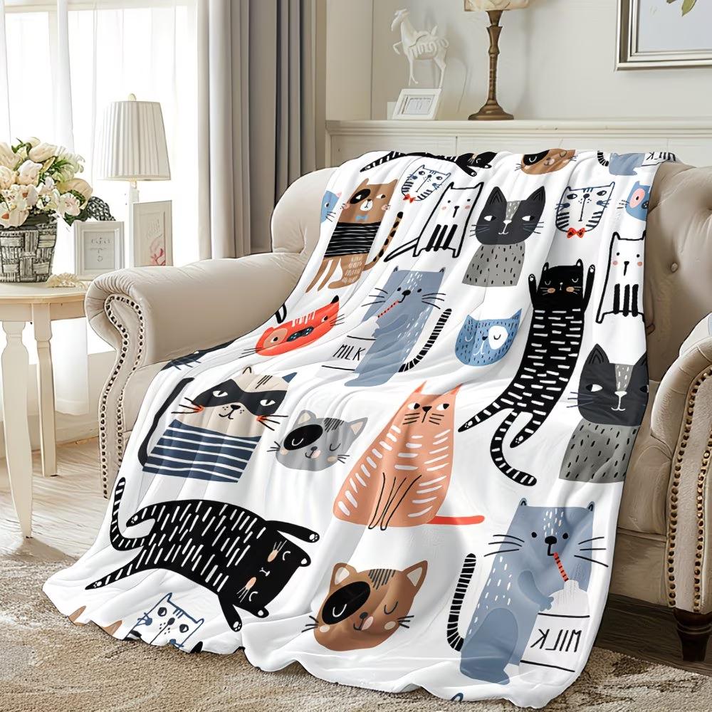 Animal Element 1pc, Cat Blanket Abstract Style, Cartoon Style, Cute Animal, Hand-Drawn Style, Soft and Warm Print Blankets