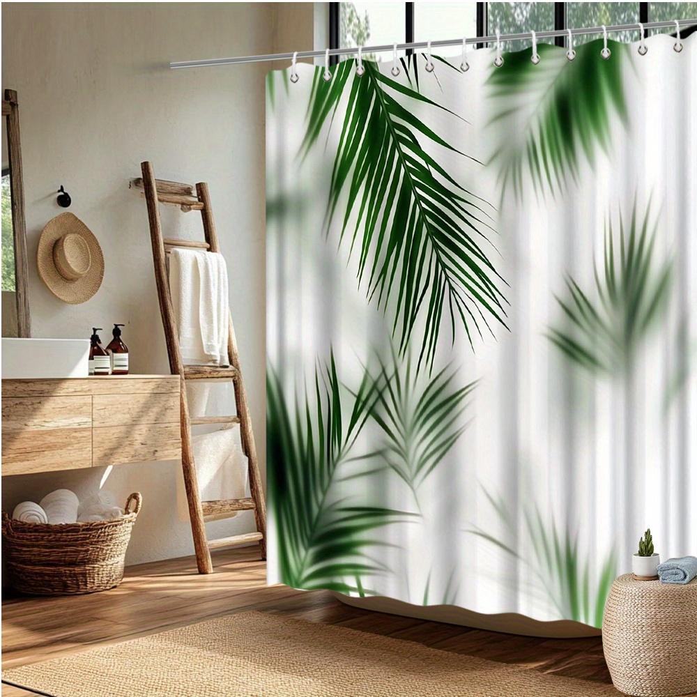 Tropical Palm Leaf Shower Curtain – Lush Green Foliage On White Background, 70.8X70.8In, Fade-Resistant, Includes Hooks