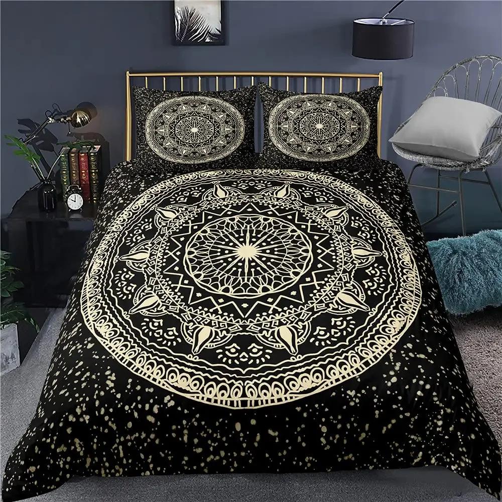 Black Gold Bohemian Mandala Duvet Set Three Piece Set