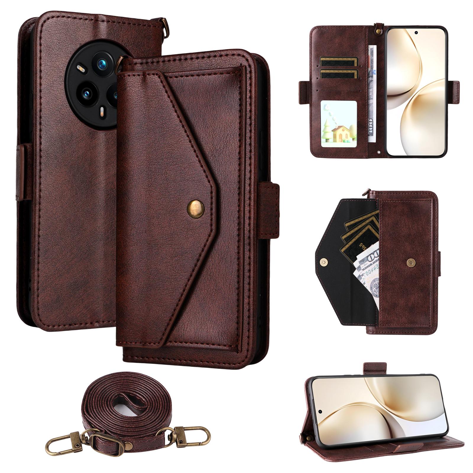 

For Realme 14 Pro+ 5G Leather Case Magnetic Closure Wallet Stand Phone Cover with Crossbody Strap Brown