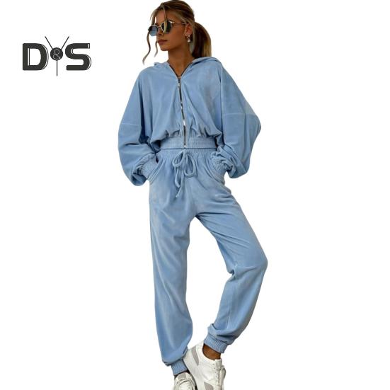 

Женский комплект из 2 предметов: пальто, брюки, капюшон, застежка-молния, длинный рукав, короткий топ, эластичный подол и талия, карманы на щиколотках, брюки, зимний повседневный спортивный костюм XL синий