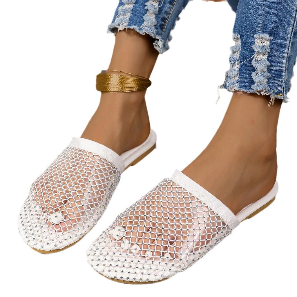 Large Size Fishing Net Socks Slippers Women's 2025 Summer New European and American Rhinestone Flat Sandals Shoes