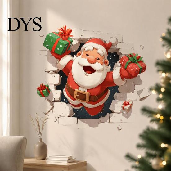 Seasonal Wall Art 3D Santa Claus Christmas Decals, Break Through Reindeer Decals Window Stickers, Removable Winter Holiday Decorations for Living Room