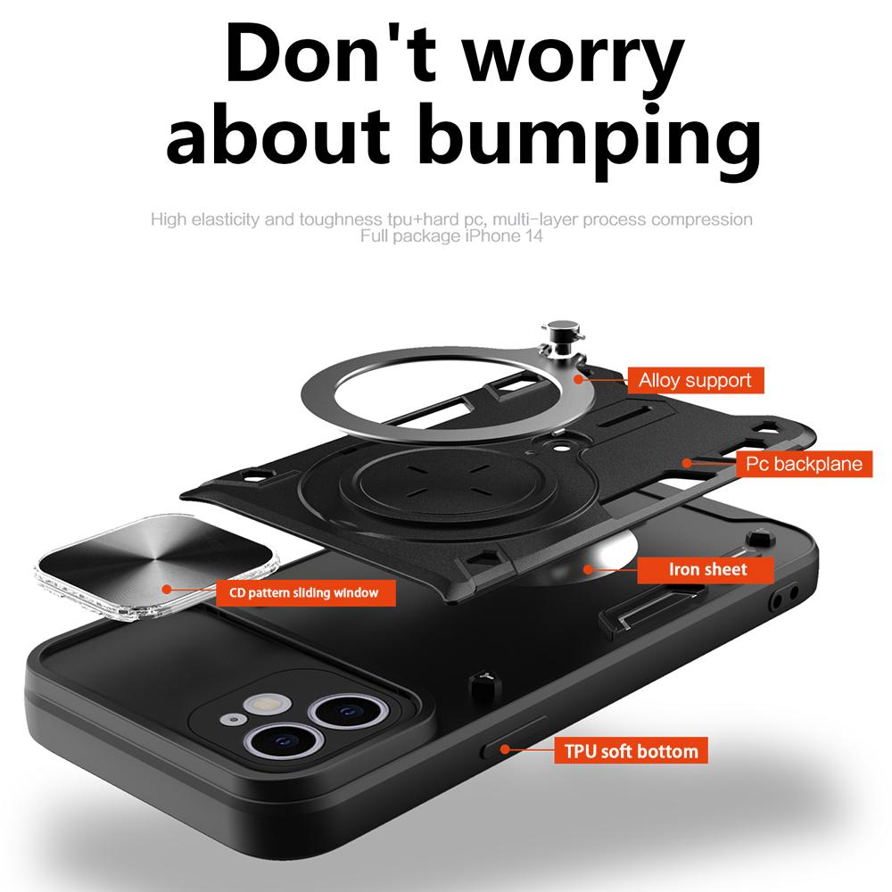 For iPhone 12 6.1 inch Slide Camera Lid Phone Case Rotatable Kickstand PC+TPU Shockproof Cover